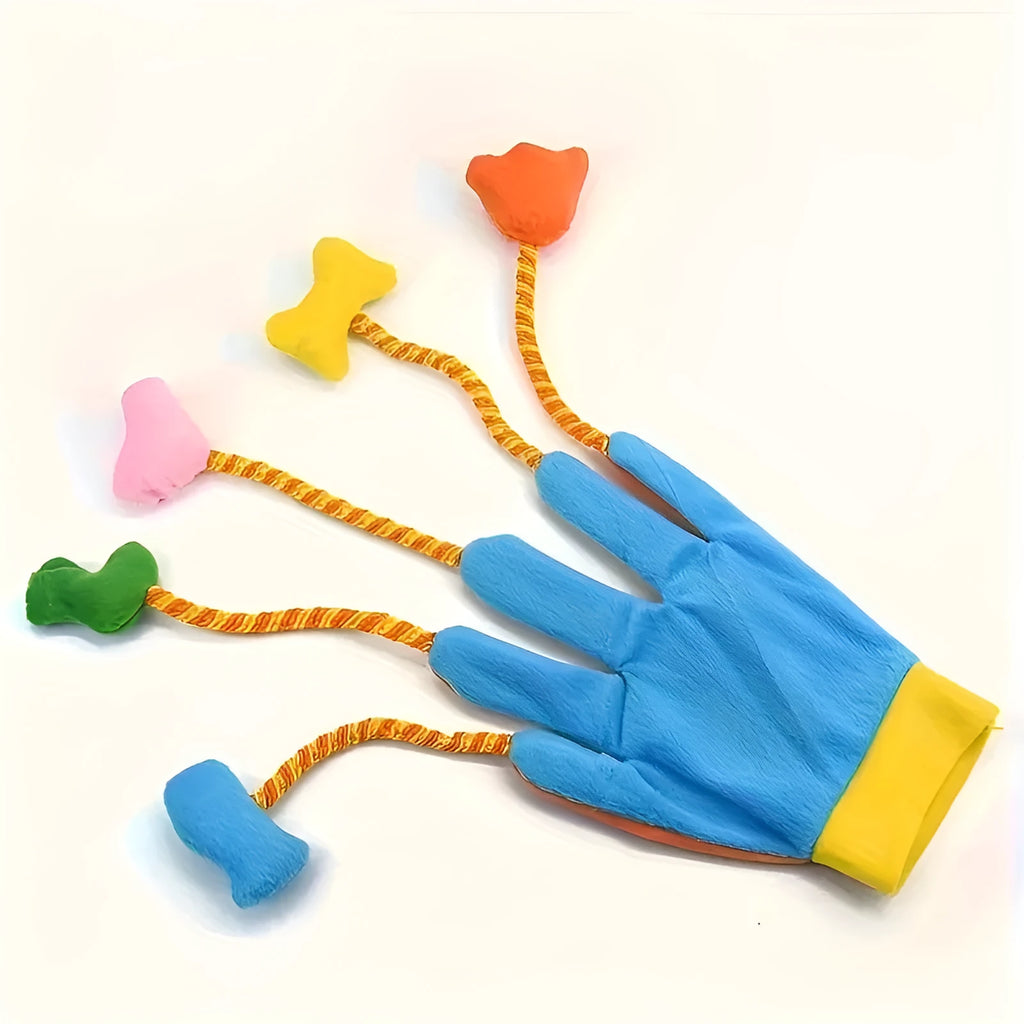Yellow blue plush cat toy with bell and magic glove design measuring 40cm