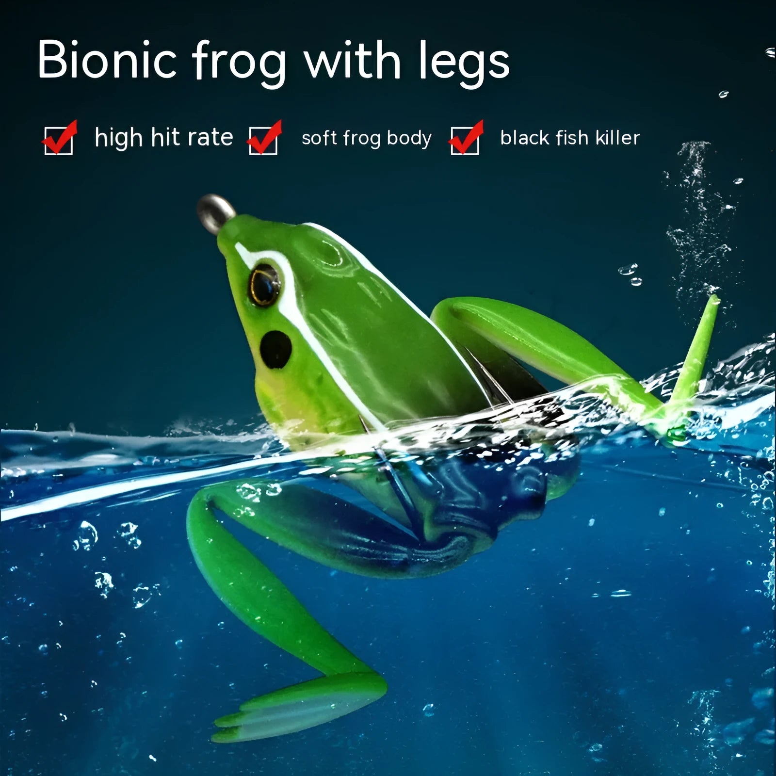 Double hook frog fishing bait showing bionic thunder frog design with grass green colour and black yellow dots