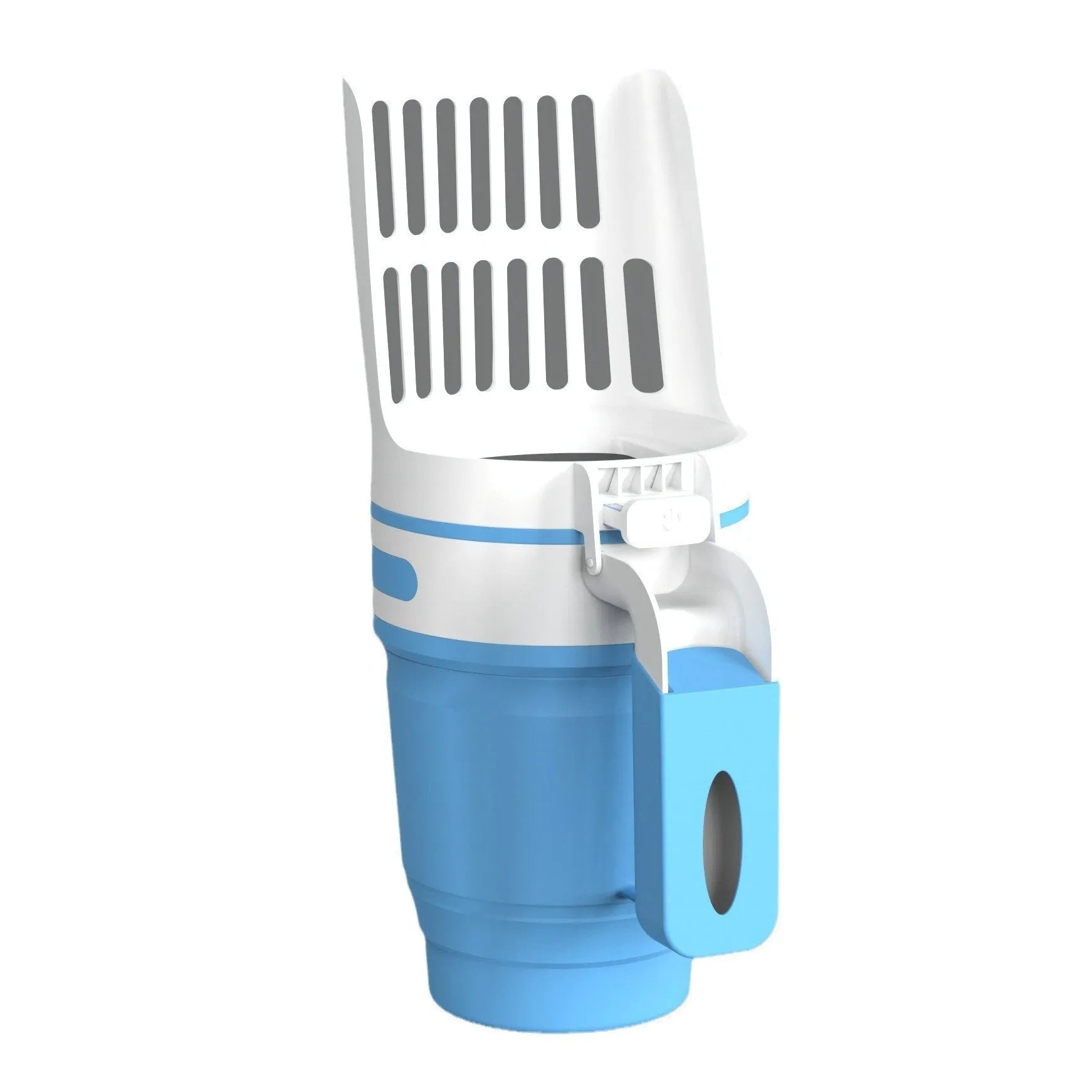 Grey cat litter scoop attached to a waste bin with a lid, showing foldable bottom and non-slip handle.