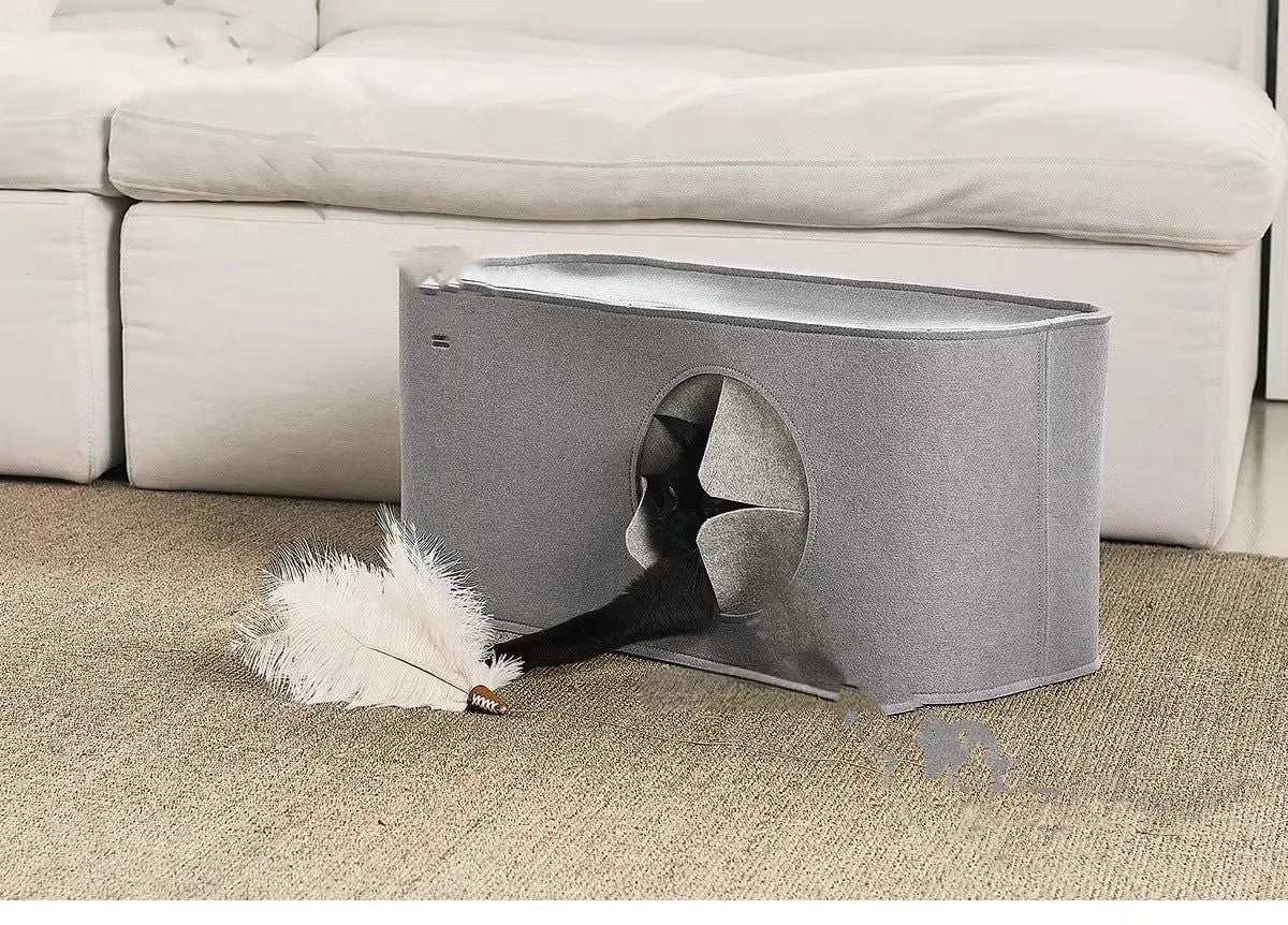 Khaki foldable felt cat bed showing its size next to a cat, with a second image showing it folded flat.