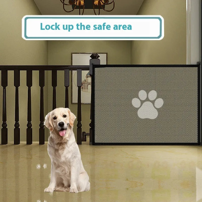 Folding dog barrier fence showing black dog footprint design on white background