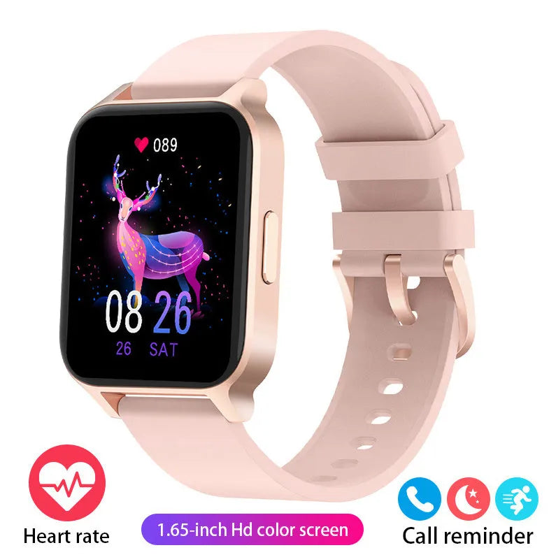 Smart colour screen watch showing health metrics on display, available with black or rose gold mesh and tape straps.