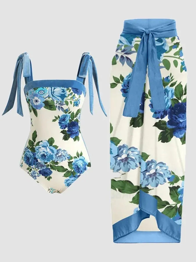 Women's floral print chiffon swimsuit with attached skirt in two-piece design