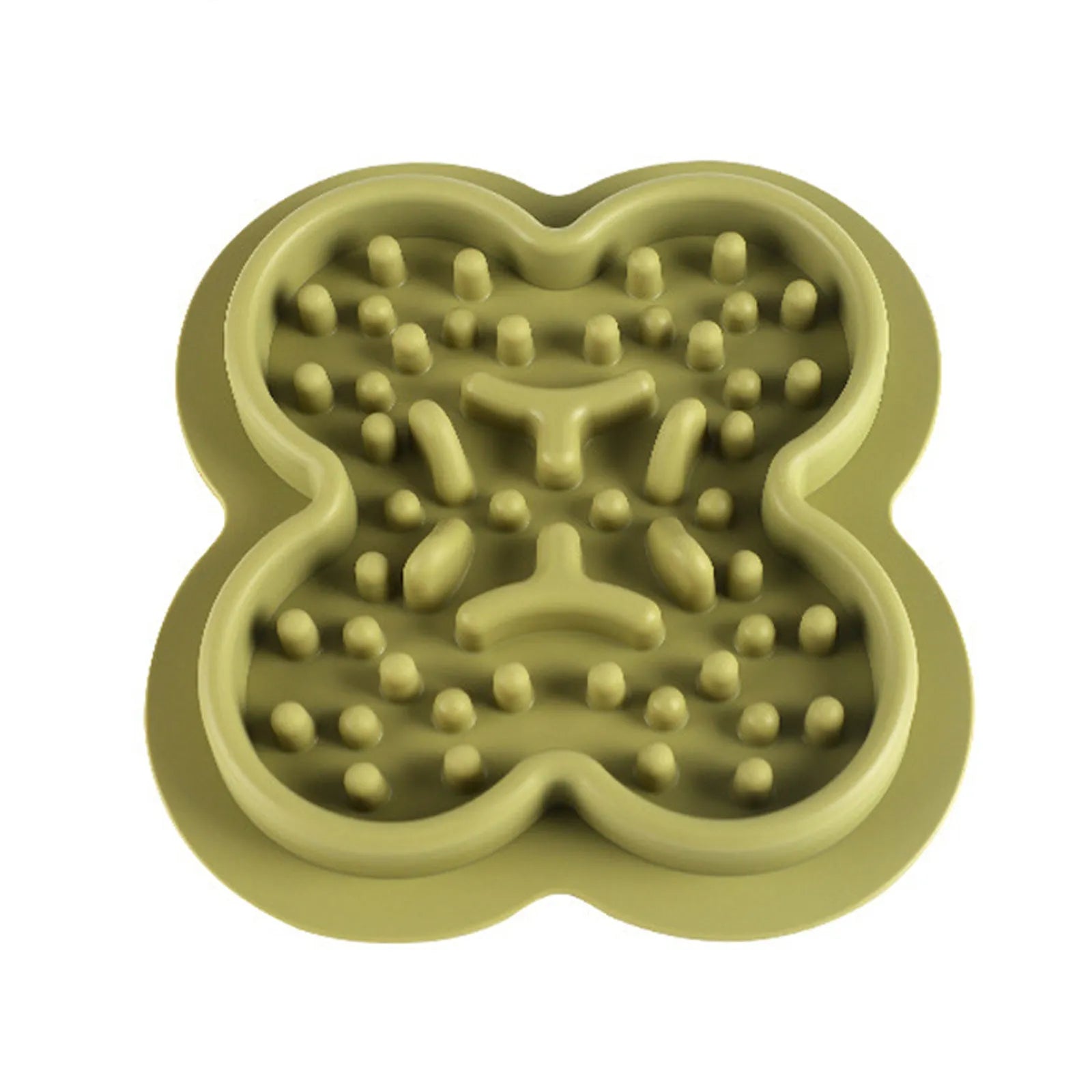 Blue silicone pet licking mat with textured grooves and a non-slip base for cats and dogs.