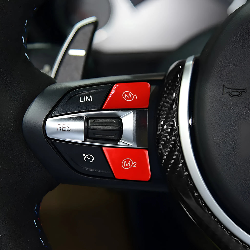 BMW steering wheel M1 and M2 mode replacement buttons in red and blue colours