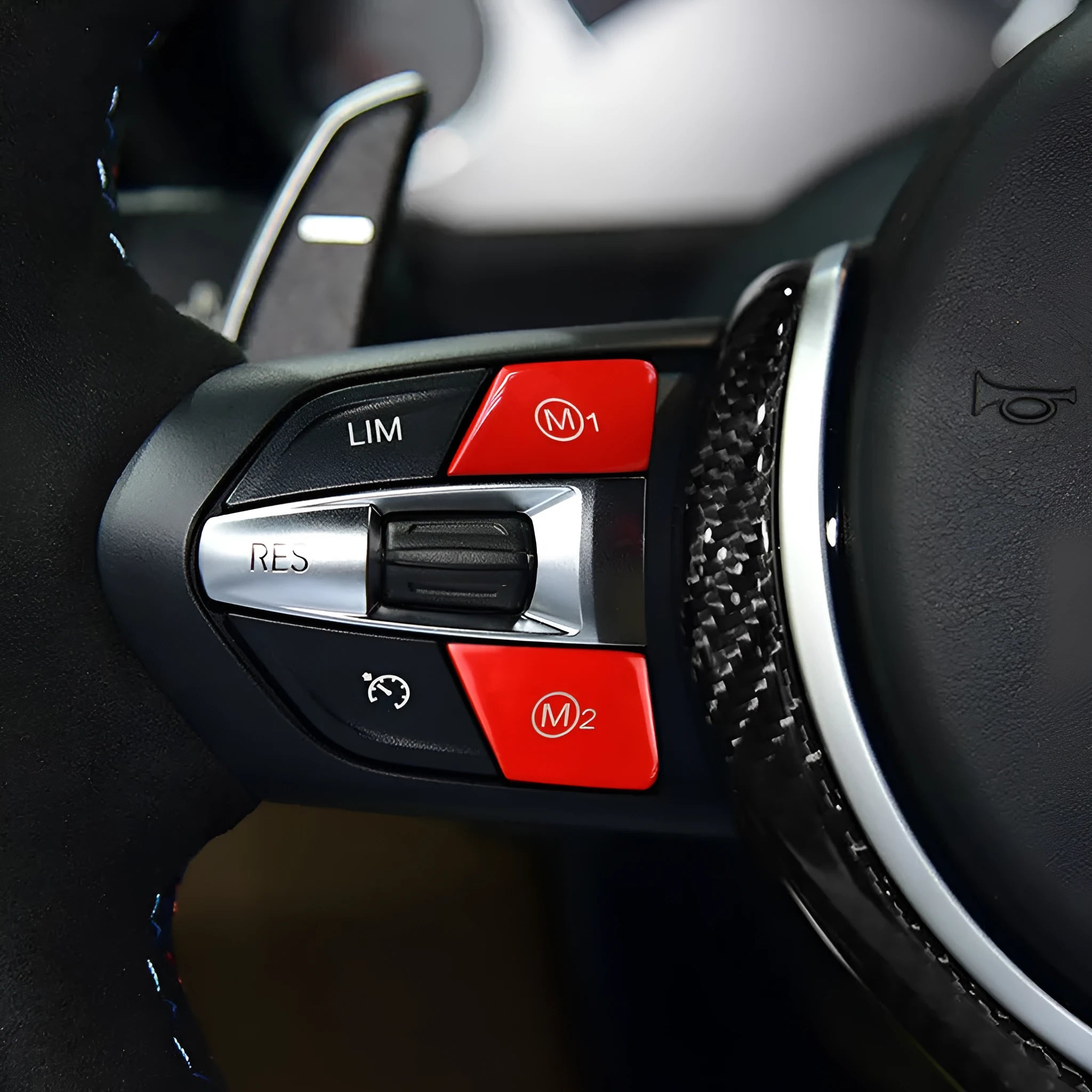 BMW steering wheel M1 and M2 mode replacement buttons in red and blue colours