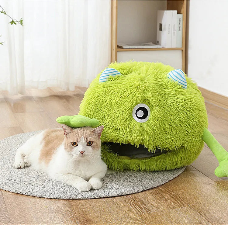 Round fluffy pet bed for cats with soft plush fabric and non-slip rubber bottom in three size options