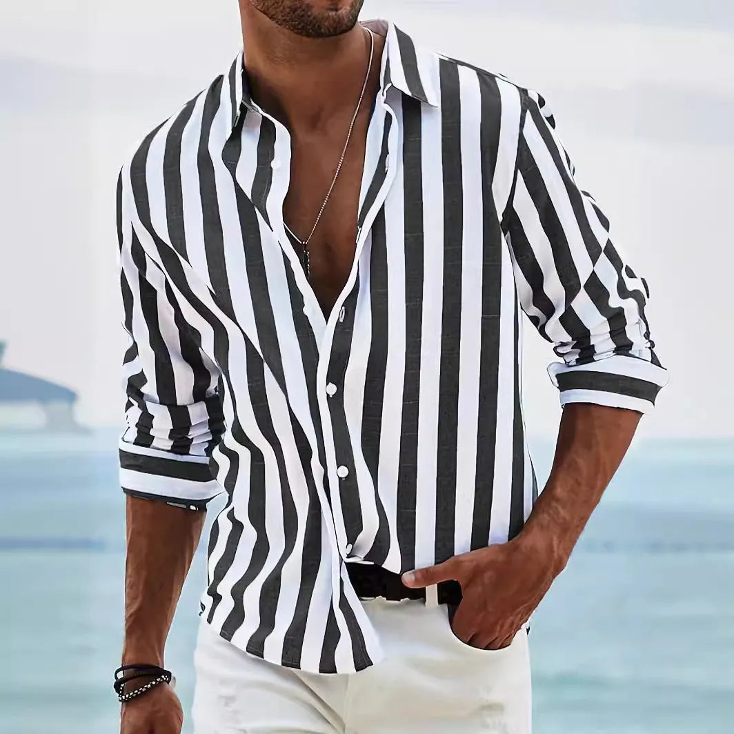Men's yarn-dyed striped casual shirt in British style cardigan cut with loose fit long sleeves