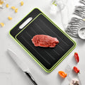 Square grey aluminium double-sided cutting board with defrosting function, built-in knife sharpener, and grinding teeth for garlic prep