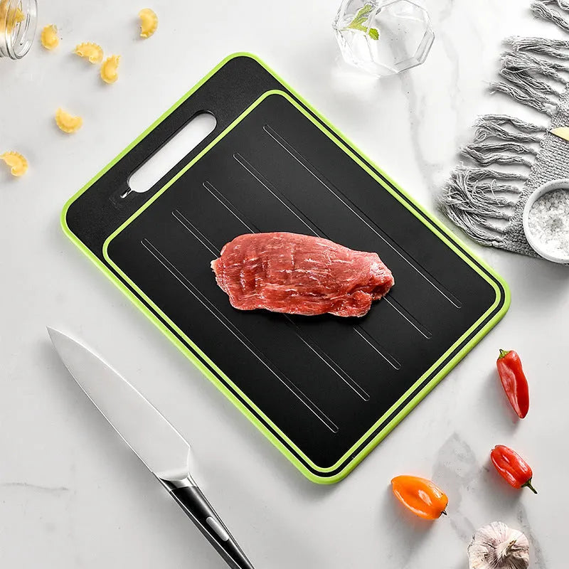 Square grey aluminium double-sided cutting board with defrosting function, built-in knife sharpener, and grinding teeth for garlic prep