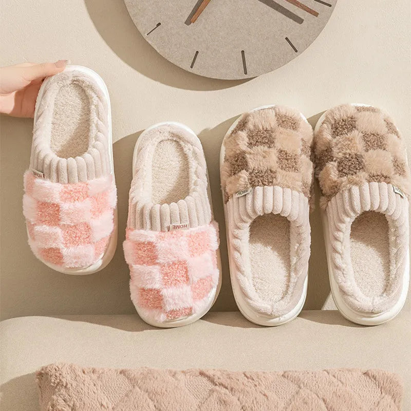 Women's plaid plush indoor slippers with anti-slip sole in multiple colour options