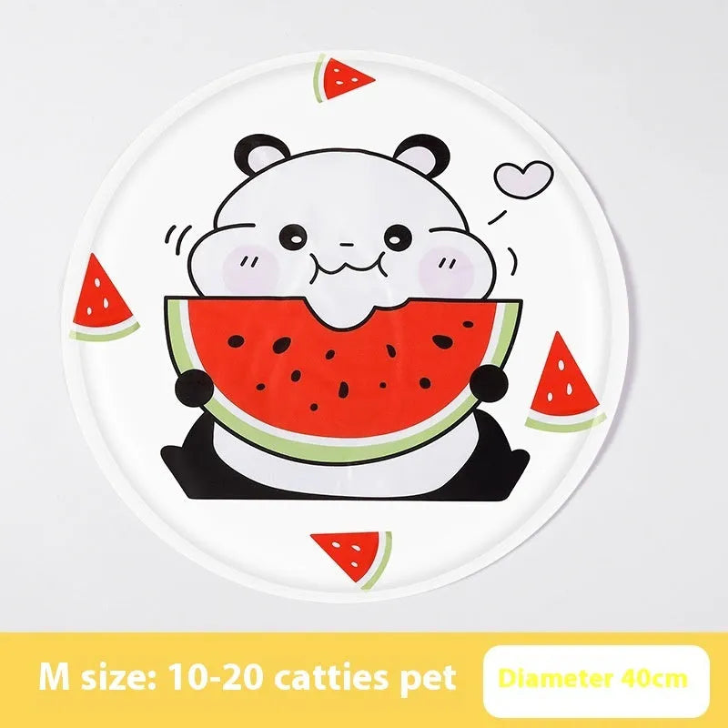 Round pet cooling mat with cartoon animal design showing blue polar bear pattern on cloth surface