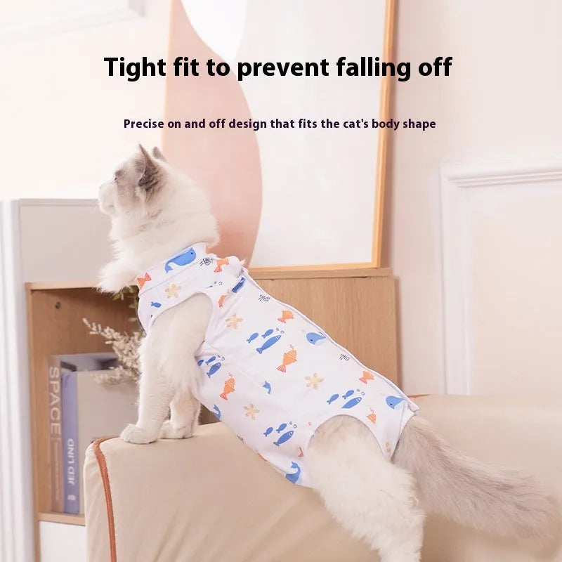 Polyester cat recovery suit with Velcro fasteners for post-sterilisation wound protection in various colours.