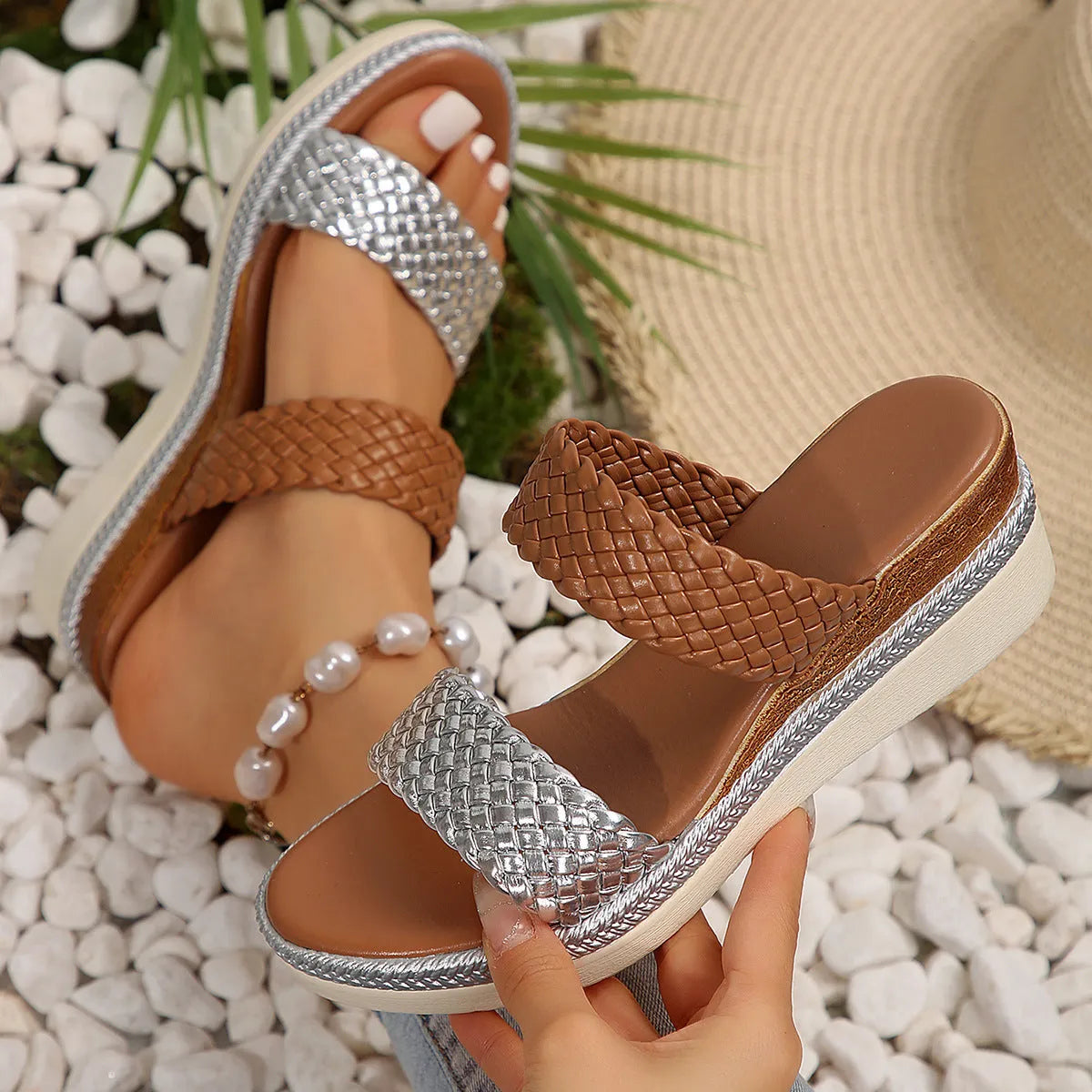 Gold and silver women's plus size wedge sandals with PU upper and rubber sole.