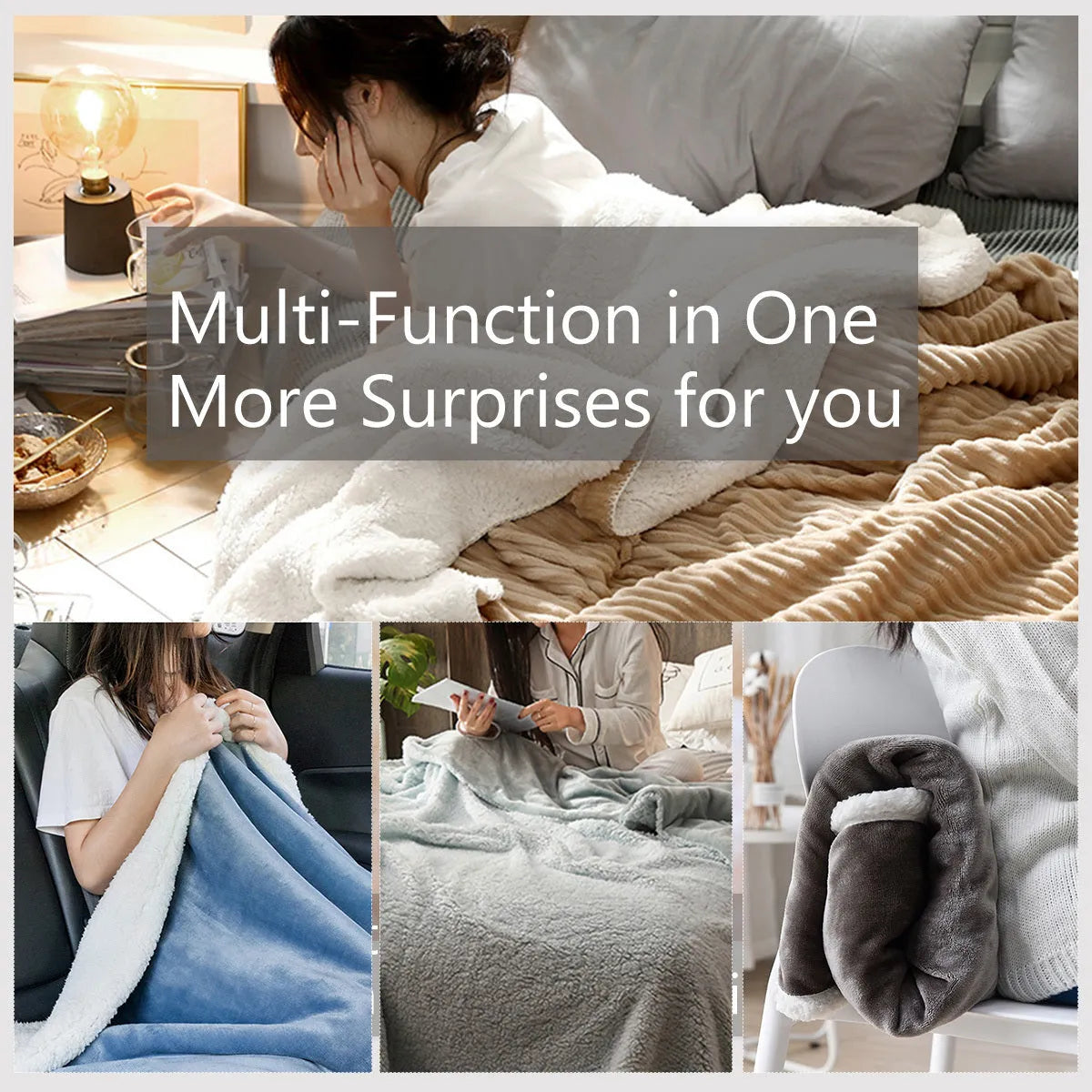 White Sherpa fleece blanket with tree leaf mushroom pattern, sized 130x150cm, on a sofa