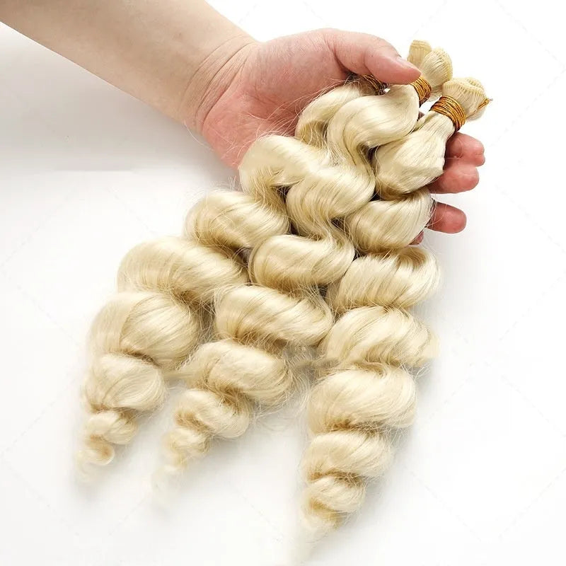 Golden synthetic hair weft wig for women shown in 18-inch, 20-inch and 22-inch length options.