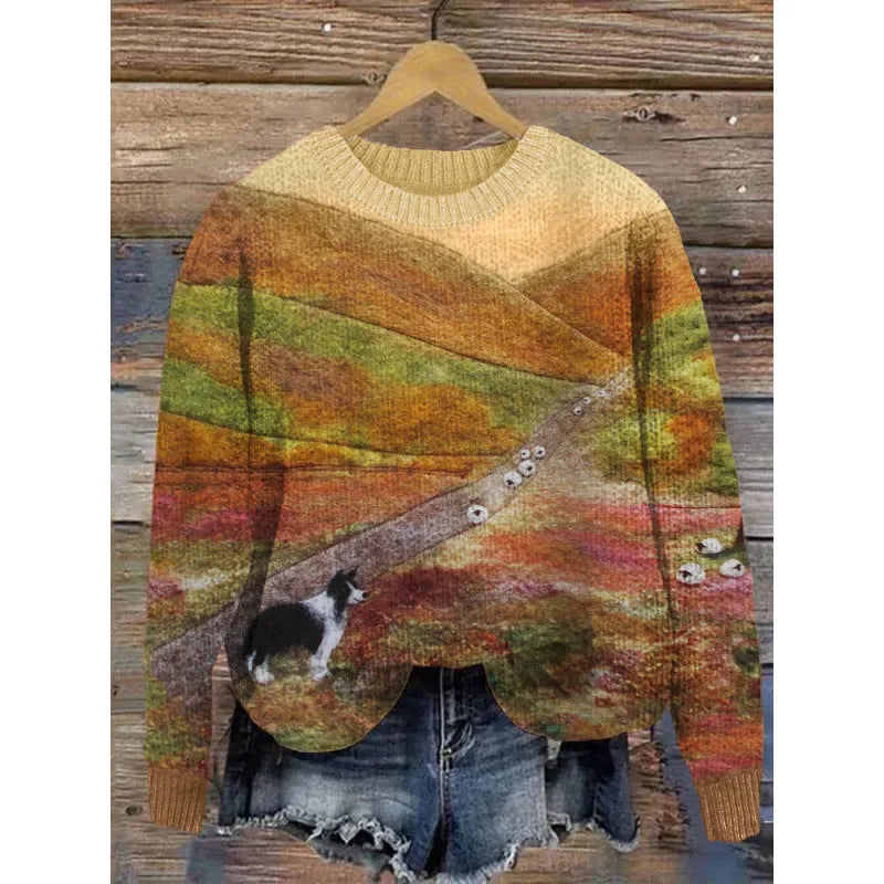 Women's lilac floral printed round neck sweater on a hanger showing the knitted texture.