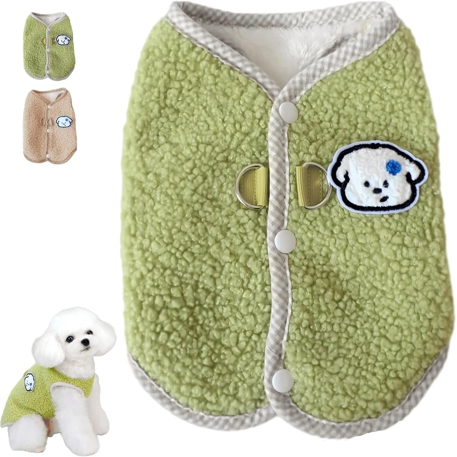 Green coral fleece dog vest with a D-ring leash attachment on a small dog.