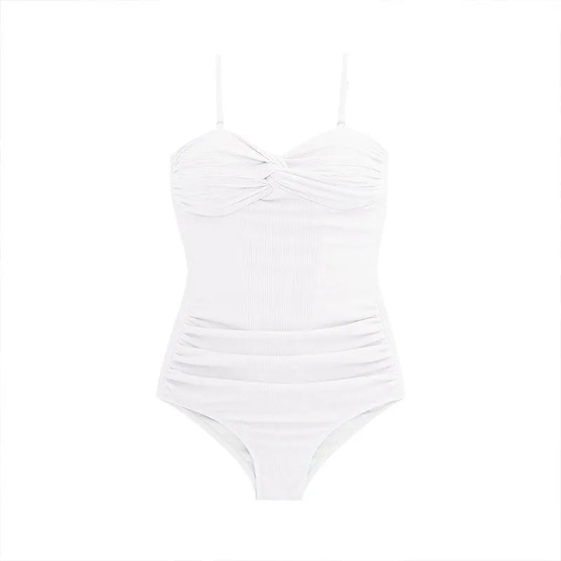 Women's black high-waist one-piece swimsuit with adjustable shoulder straps on a mannequin.