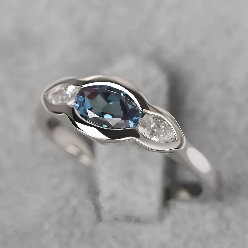 White gold geometric ellipse women's ring with zircon inlay on copper