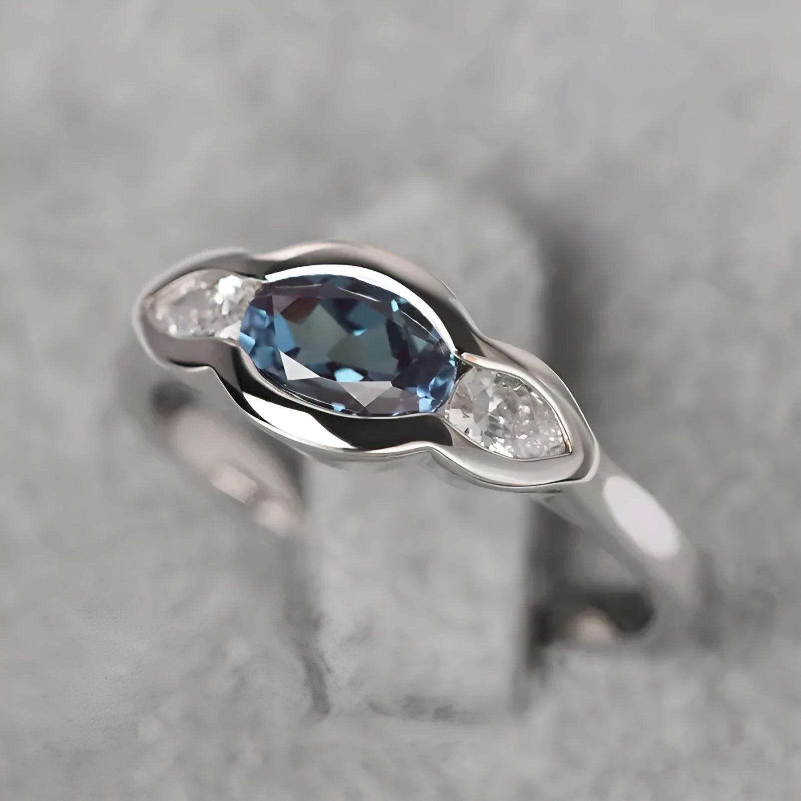 White gold geometric ellipse women's ring with zircon inlay on copper