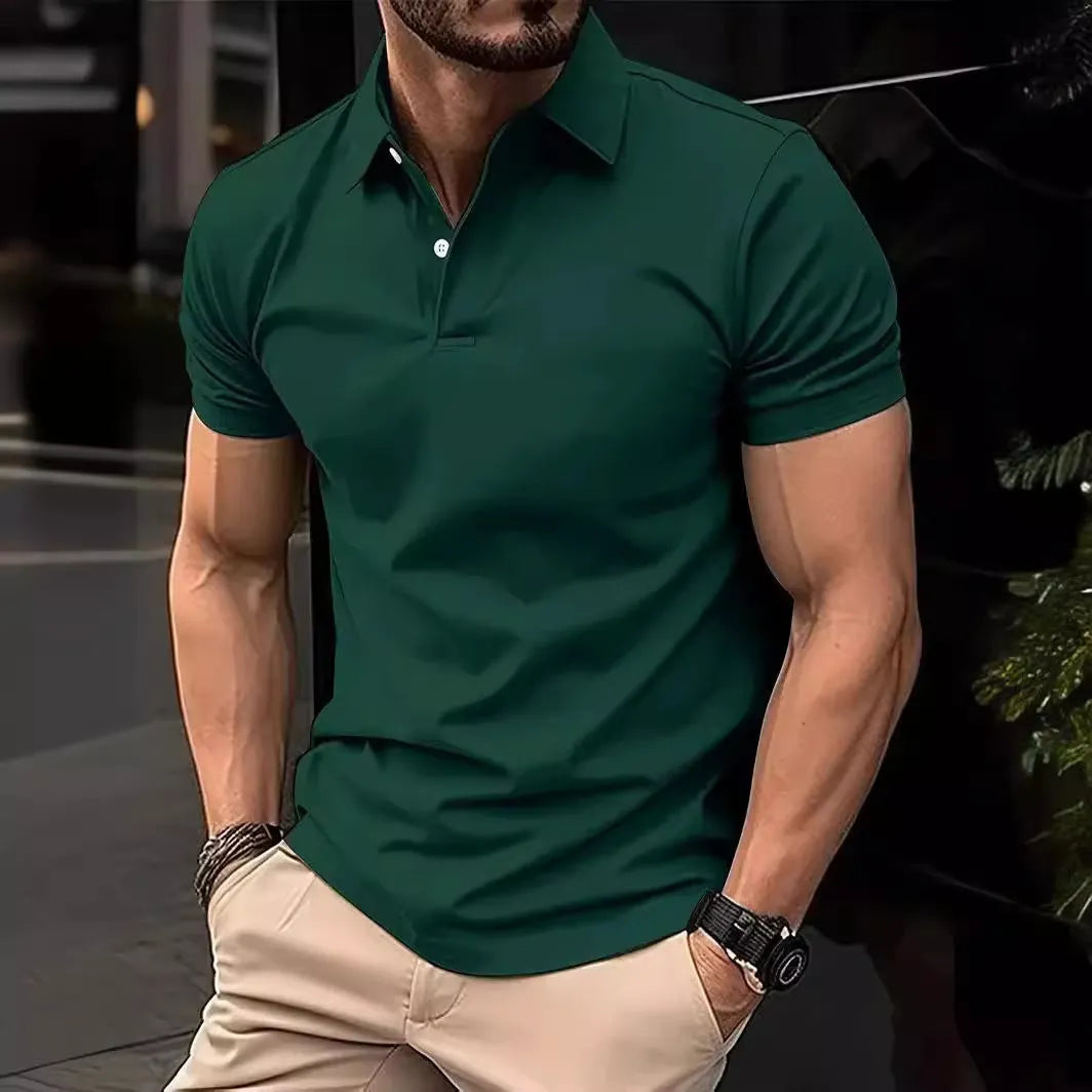 Men's slim fit cotton blend short sleeve button-up shirt in solid colour