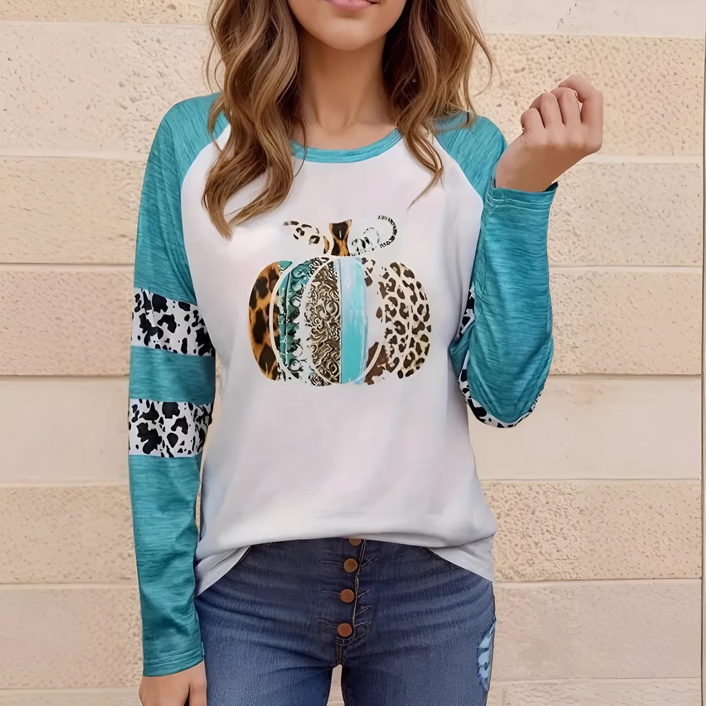 Sky blue long sleeve T-shirt with a large 3D Halloween pumpkin digital print.