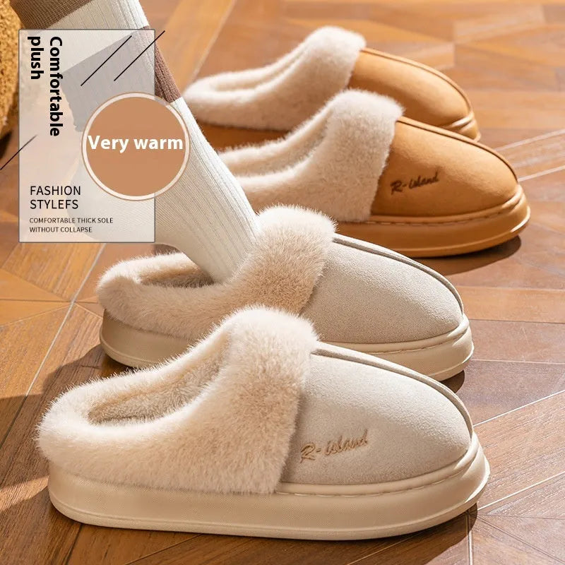 Fluffy winter slippers in gray with non-slip PVC sole, suitable for indoor home wear by men and women