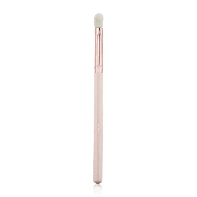 26 pink wooden handle makeup brushes arranged in a pink PU zip case.