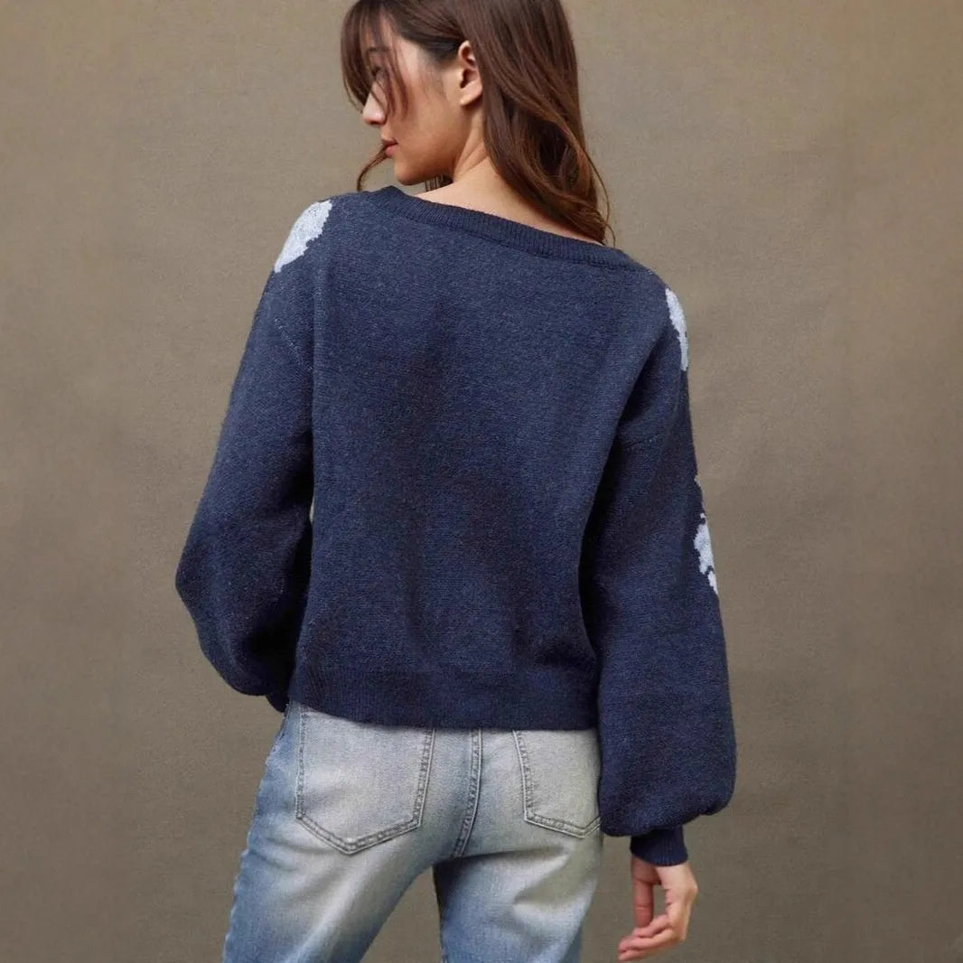 Women's sapphire blue pullover sweater with flower jacquard pattern, off-neck design, and loose fit