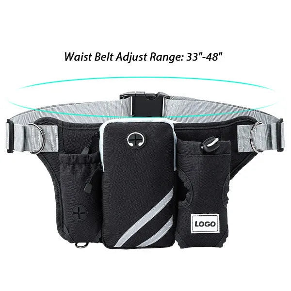 Black nylon pet walking set with waist bag, leash, and collar for outdoor dog training