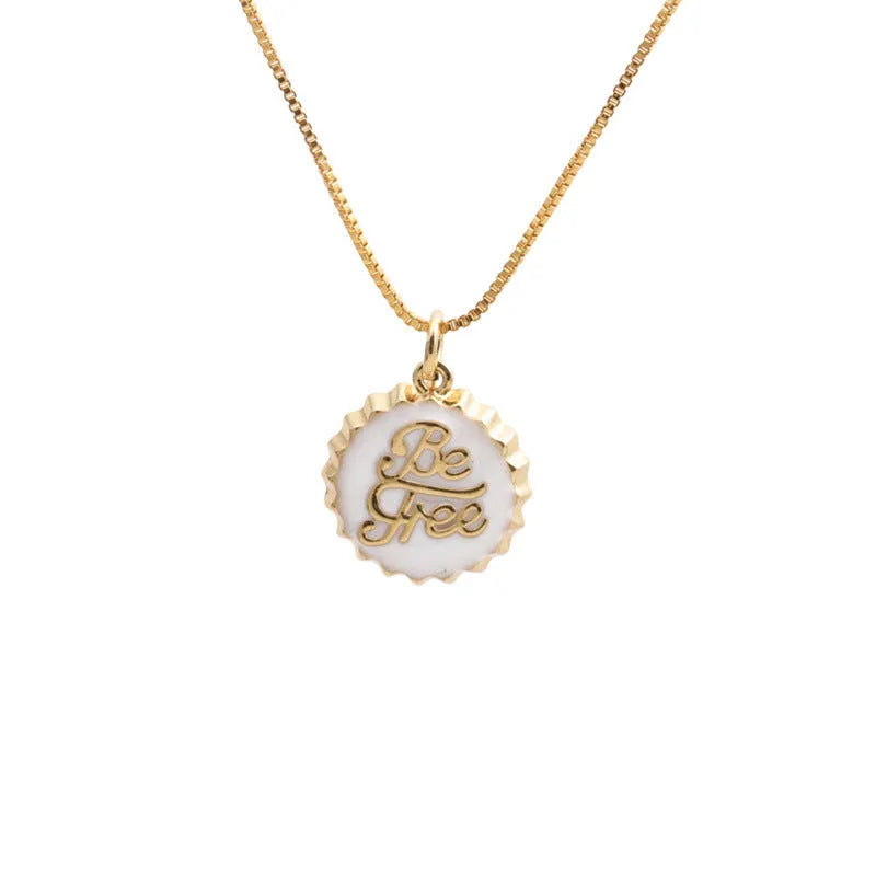 Copper bottle cap pendant necklace with gold electroplating on a box chain, shown in multiple colour options.