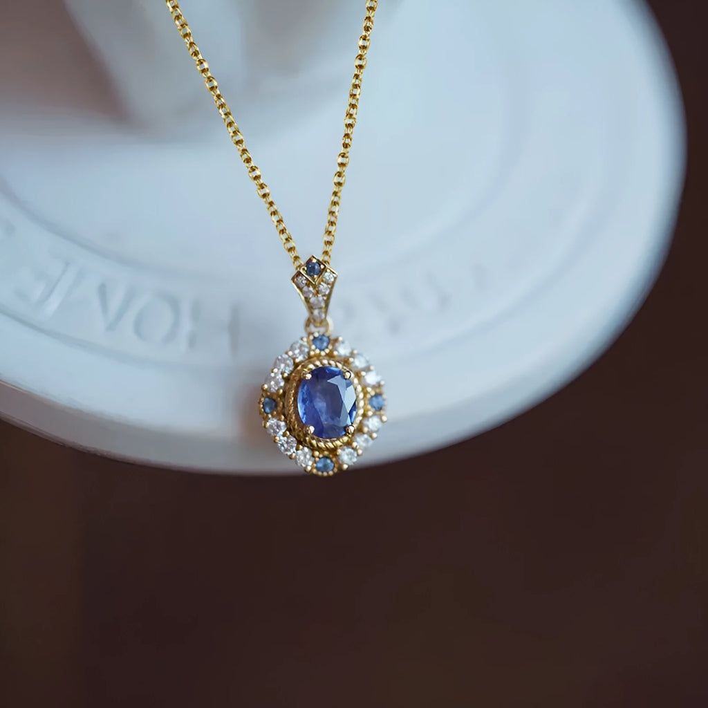 Yellow gold royal necklace with mixed gem zircon pendant on adjustable box chain