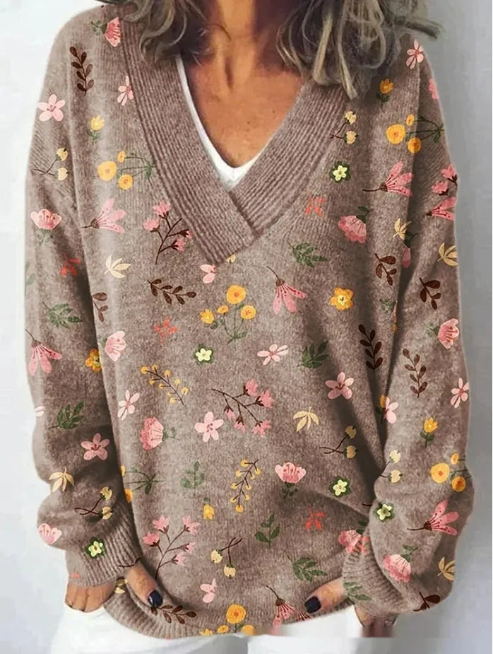 Women's V-neck long sleeve sweatshirt with a detailed 3D floral pattern print in art retro style.