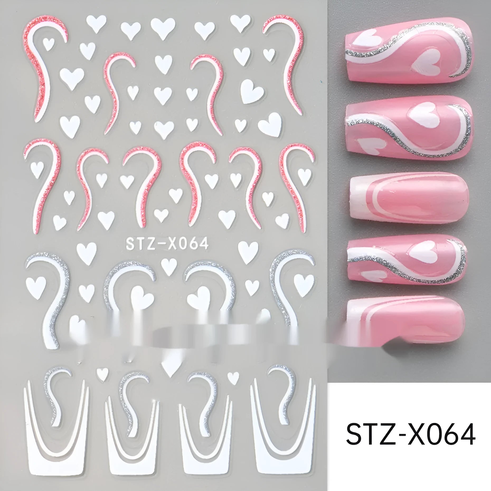 Sheet of black and silver stripe nail art stickers from a cartoon series for DIY manicures.