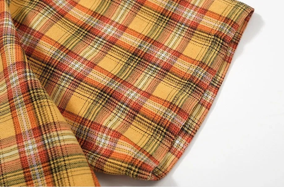 Men's loose fit polyester short sleeve plaid shirt in yellow grid pattern