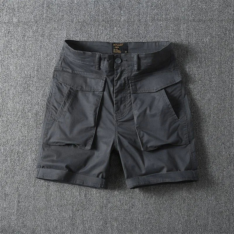 Men's straight-leg cotton cargo shorts in army green with multiple pockets on the legs.