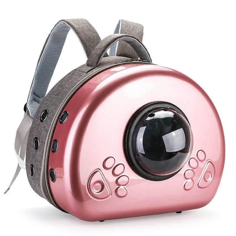 Transparent space capsule cat travel carrier in metallic colours with breathable design