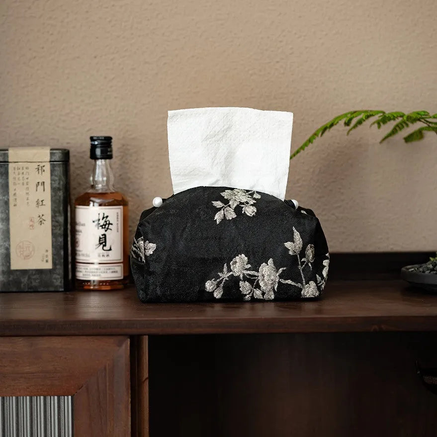 New Chinese style brocade fabric tissue box cover with white plum embroidery.
