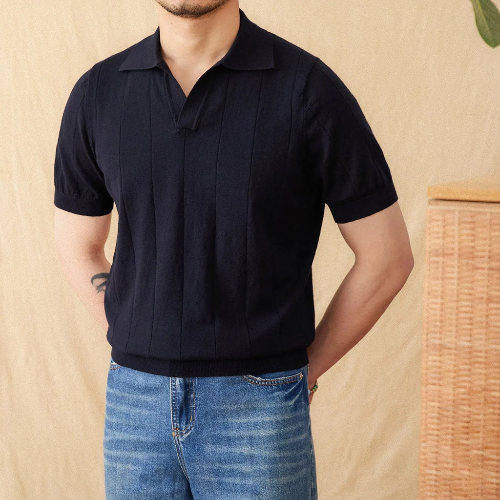 Men's cotton and linen blended polo shirt with seagull collar in multiple colour options