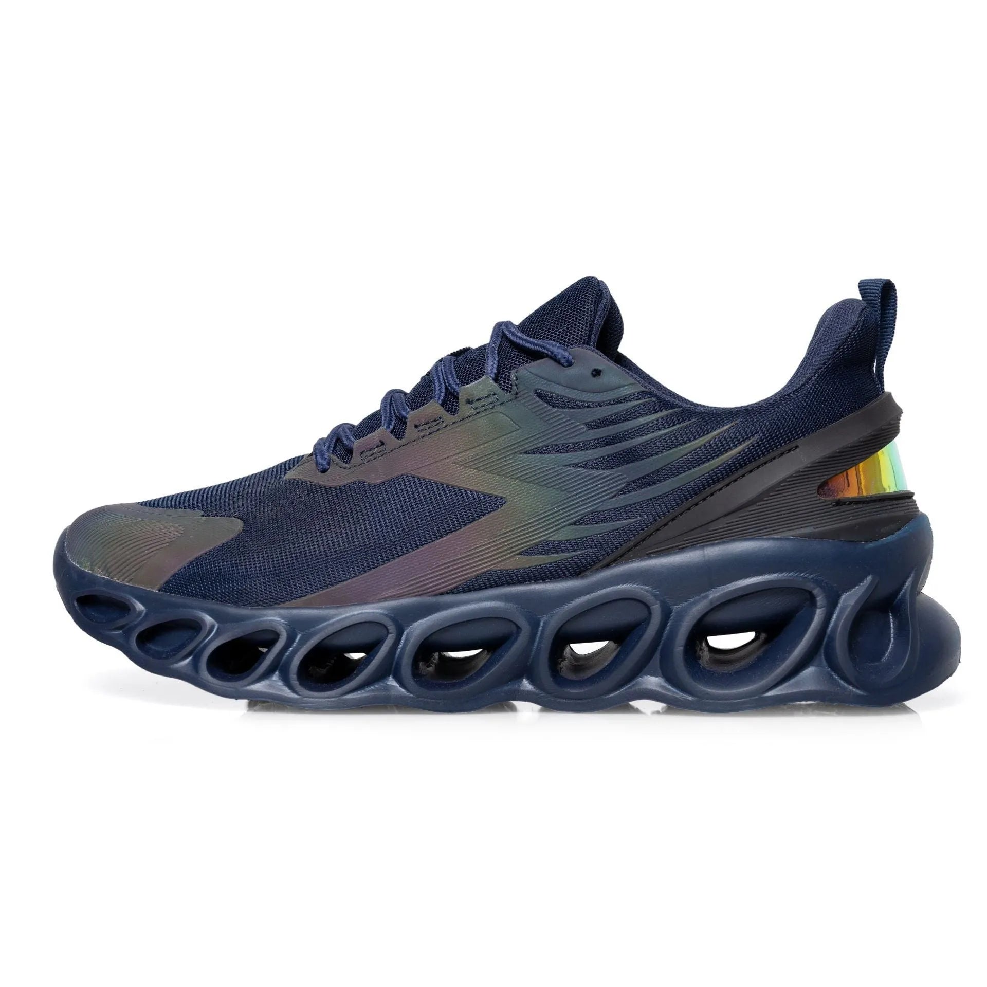 Men's black breathable mesh casual sports trainers with lace-up front and white EVA sole.