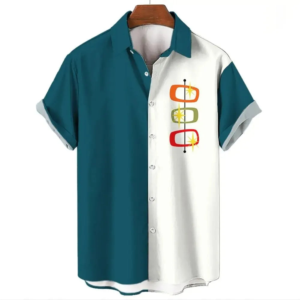 Man wearing a striped short-sleeve Hawaiian shirt made from elastic polyester fabric.