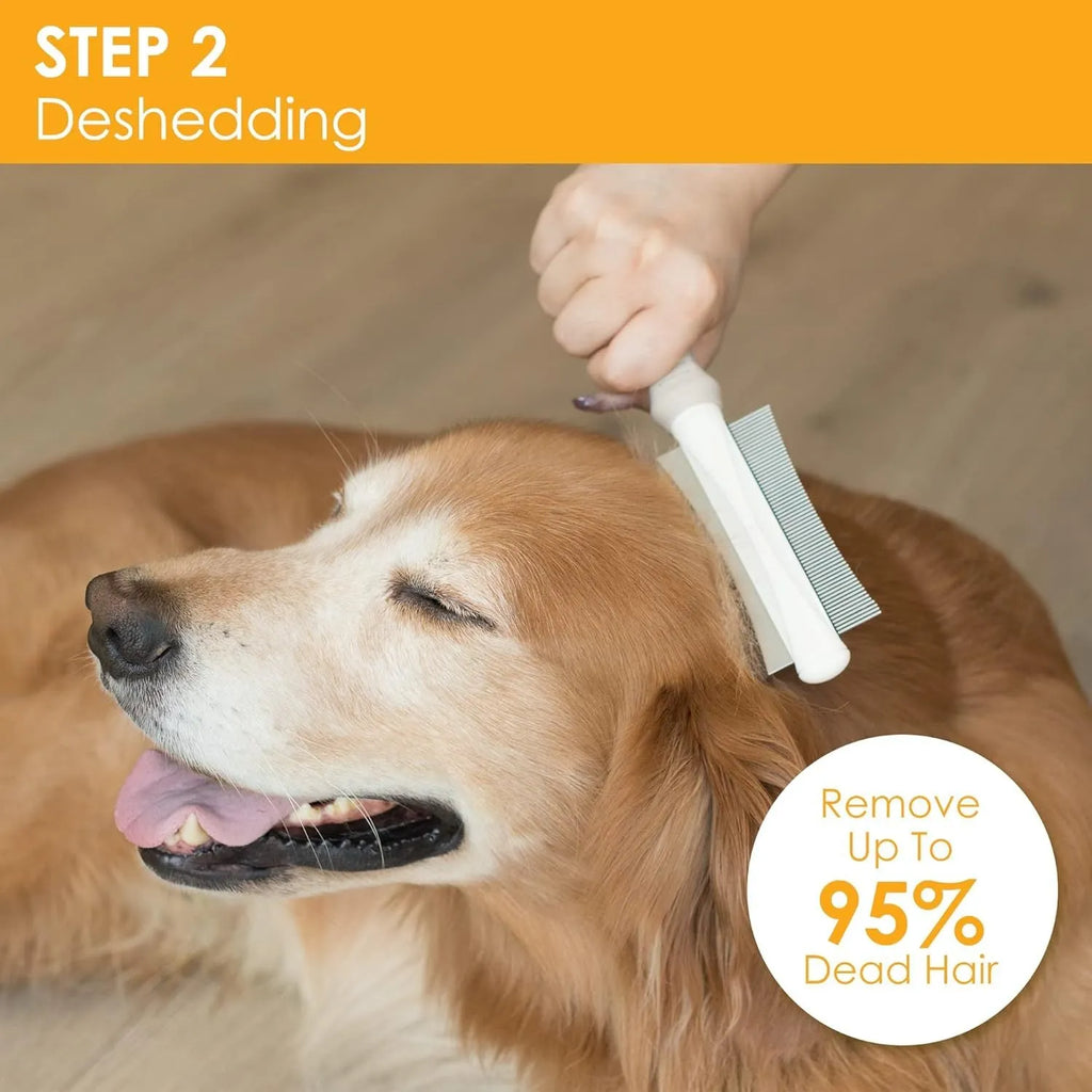 White double-sided pet deshedding brush and grooming comb with curved head and ergonomic handle.