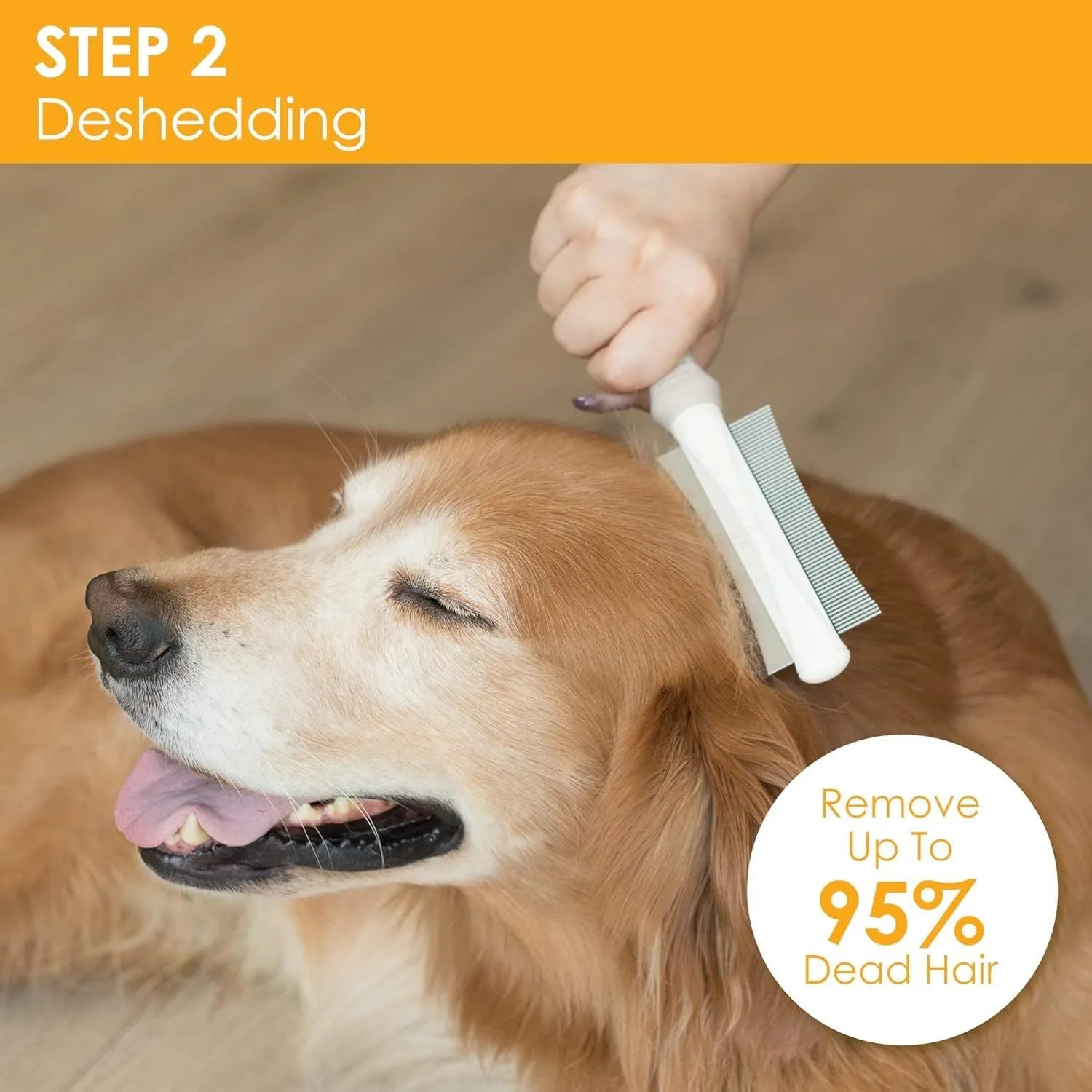 White double-sided pet deshedding brush and grooming comb with curved head and ergonomic handle.