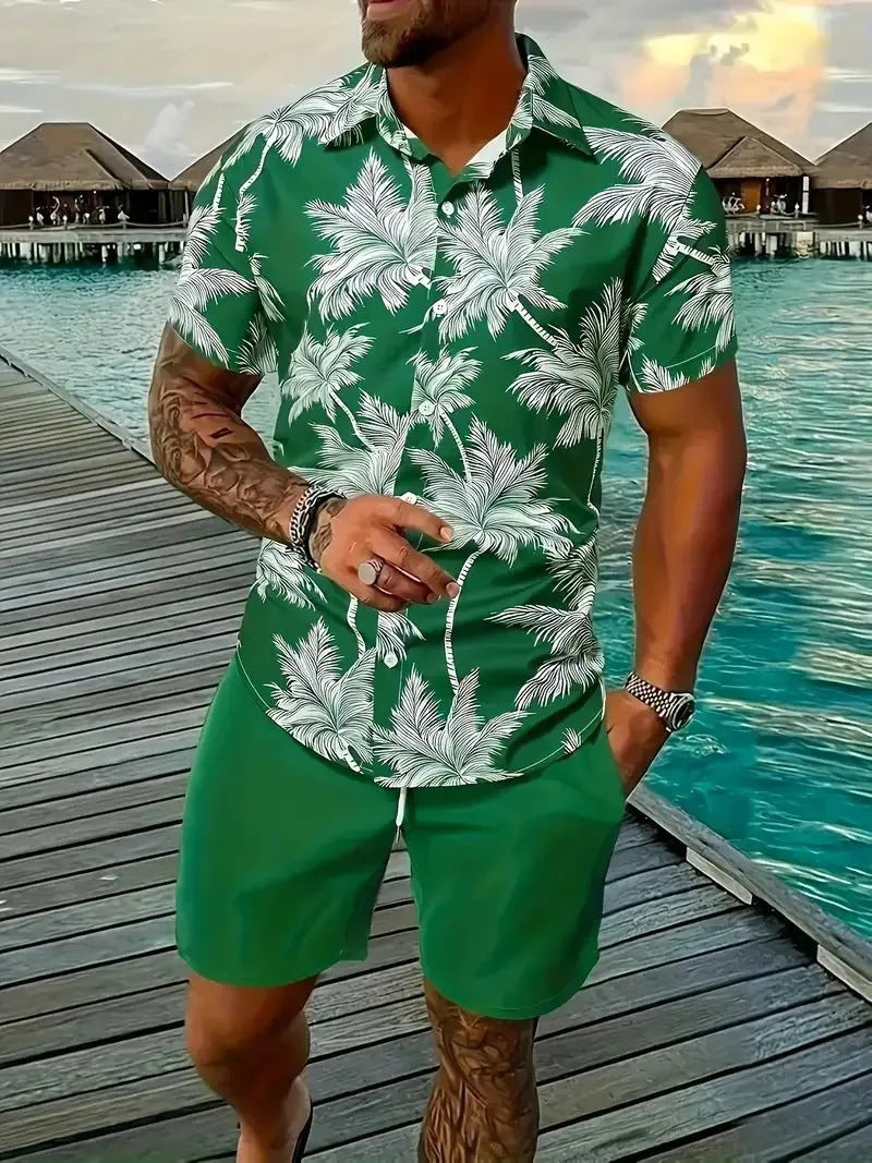 Men's 3D printed Hawaii-style short sleeve top and matching shorts casual summer suit