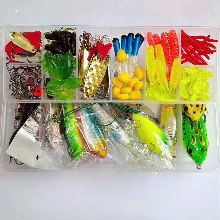 142-piece fishing lure set with hard mino baits, sequins, hooks, and fishing pliers arranged together