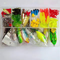 142-piece fishing lure set with hard mino baits, sequins, hooks, and fishing pliers arranged together