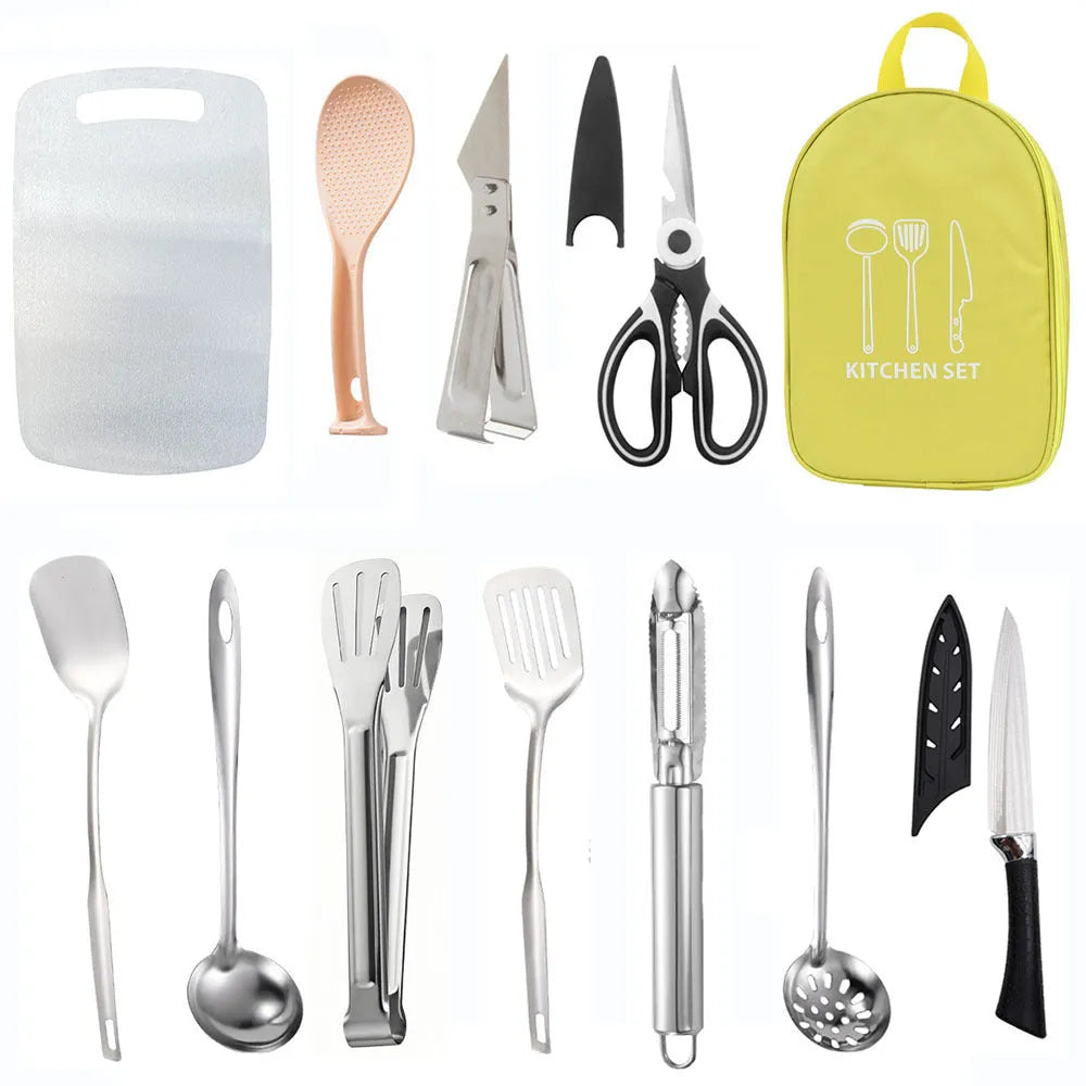 12-piece stainless steel picnic kitchenware set in khaki green brown storage bag for outdoor dining