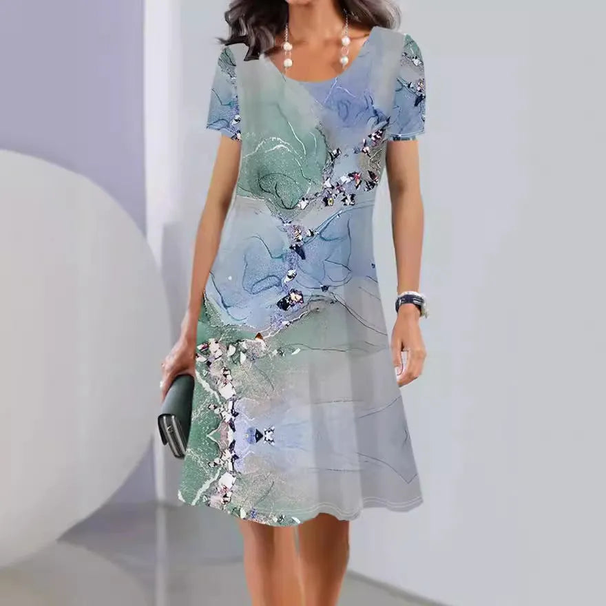 Women's floral print ice silk summer dress with A-line mid-length skirt and short sleeves