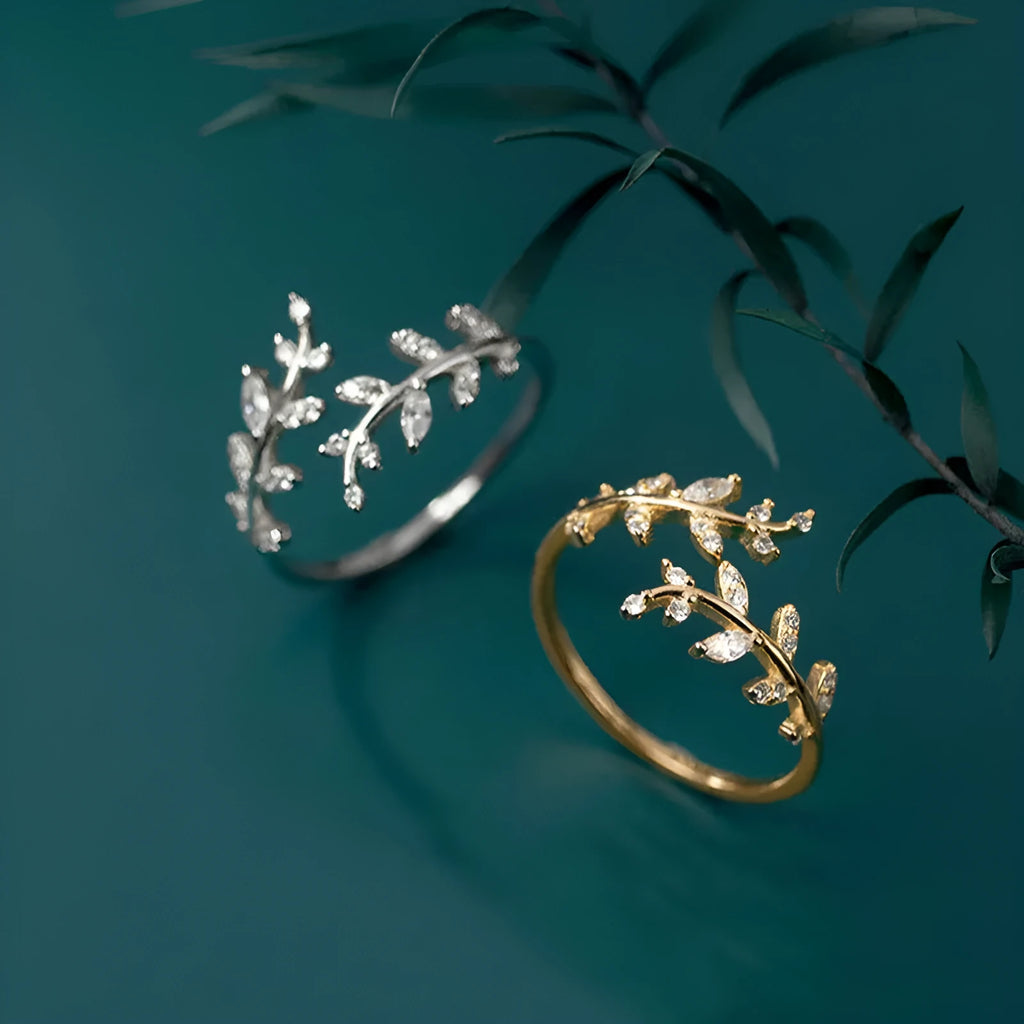 Copper branch ring with leaf geometry design in silver or gold electroplated finish